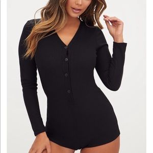 Black romper bodysuit Jumpsuit shorts barbie glam jumper Henley pajamas sexy new